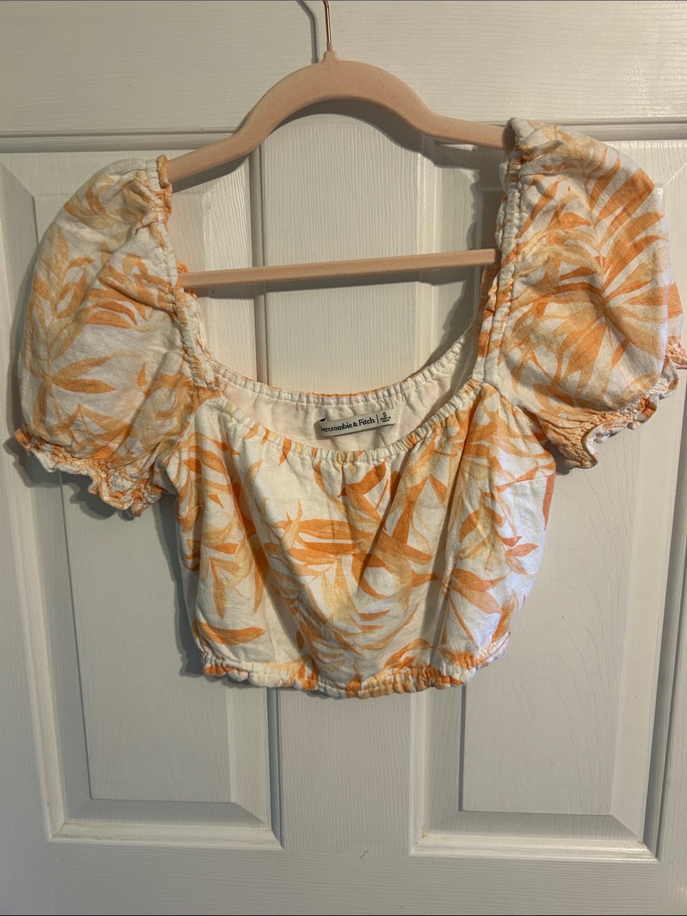 Abercrombie & Fitch Linen Blend Floral Puff Sleeve Crop Top Small